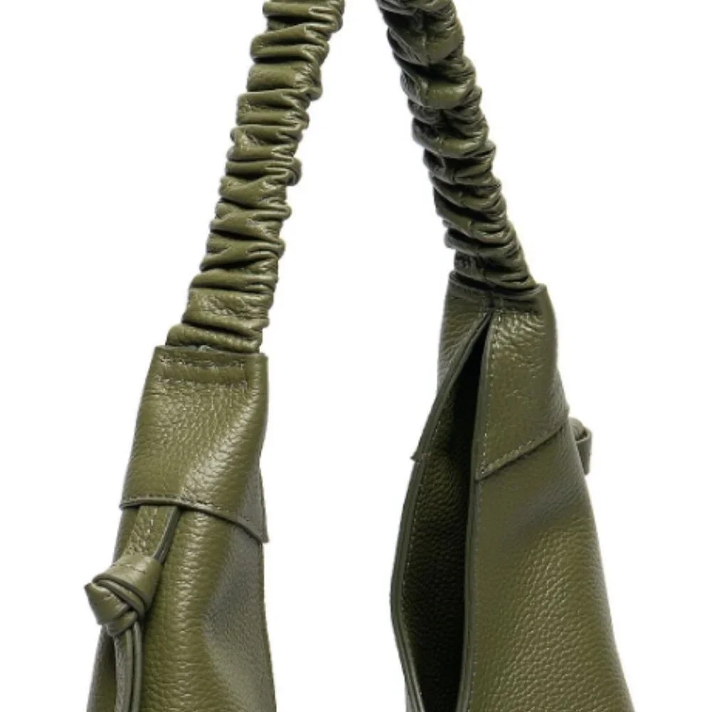 Olive Green Leather Hobo Bag with Ruched Shoulder Strap
